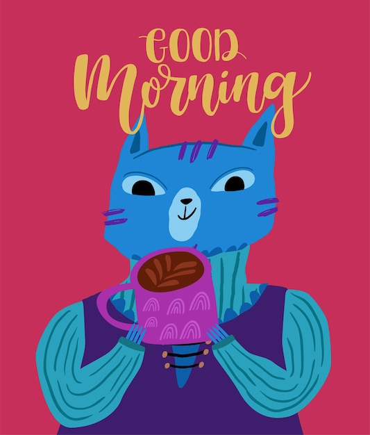 Vector cute cat enjoying with coffee illustration