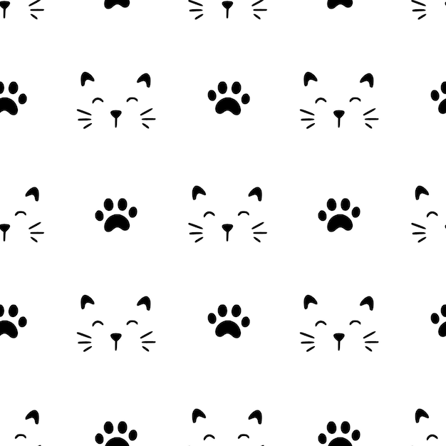 Cute cat face pattern seamless Hand drawn sketch doodle kitty black face on white background Cat footprint element Cute pet pattern Vector