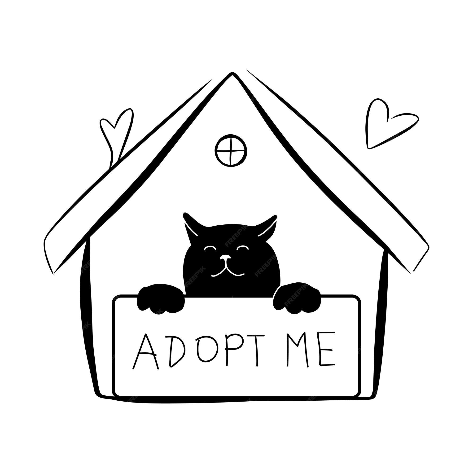 Premium Vector | Cute cat face with banner adopt me phrase conceptual illustration isolated on white background doodle vector drawing rescue abandoned pet in shelter house silhouette Premium Vector | Cute cat face with banner adopt me phrase conceptual illustration isolated on white background doodle vector drawing rescue abandoned pet in shelter house silhouette