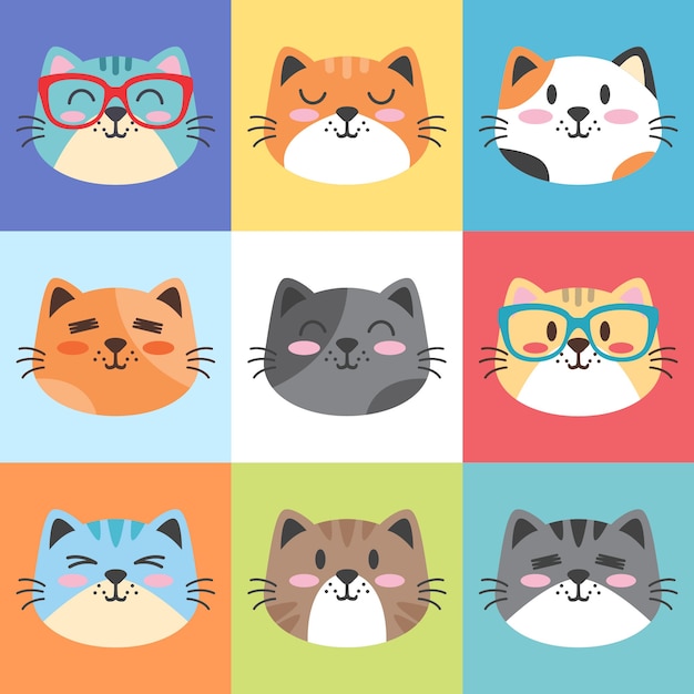 Simpatico gatto facce cartoon illustrazione set design piatto