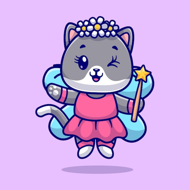 Cute cat fairy holding magic wand cartoon vector icon illustration animal nature icon isolated