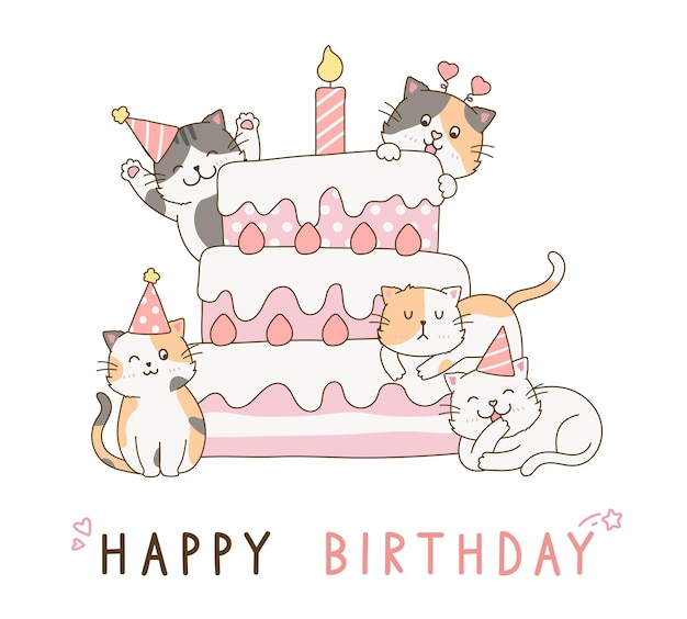 Cute cat family with sweet pink birthday cake doodle drawing cartoon illustration poster print cover