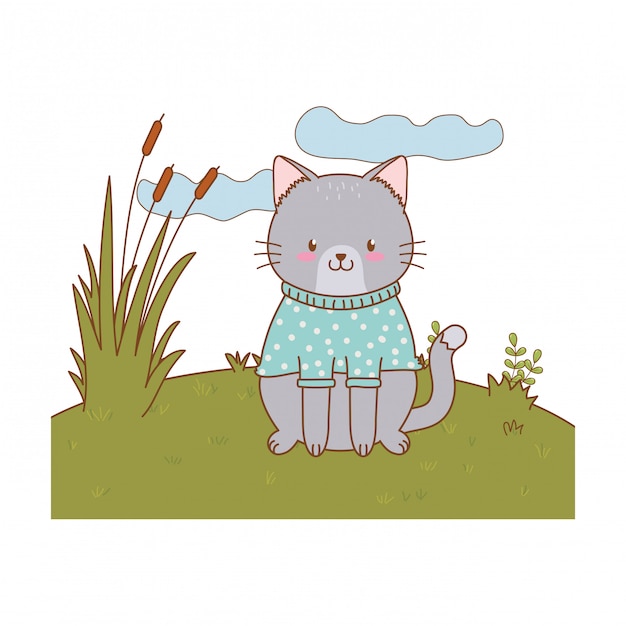 Cute cat in the field woodland character