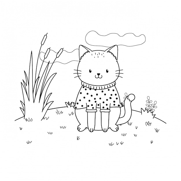 Cute cat in the field woodland character