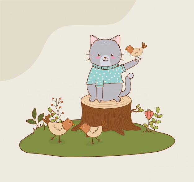 Cute cat in the field woodland character