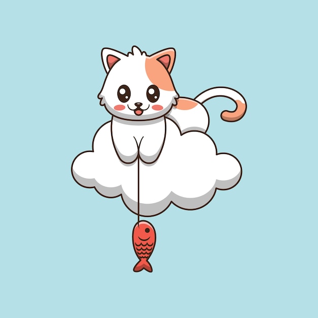 Vector cute cat fishing in the clouds cartoon illustration