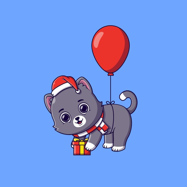 cute cat floating with balloon carrying a gift box