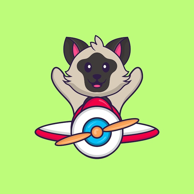 Cute cat flying on a plane. Animal cartoon concept isolated. Flat Cartoon Style