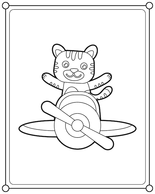 Vector cute cat flying on a plane, suitable for children's coloring page vector illustration