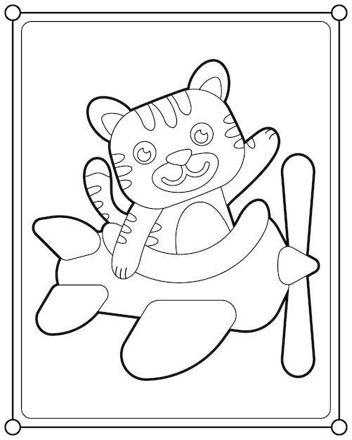 Vector cute cat flying on a plane, suitable for children's coloring page vector illustration