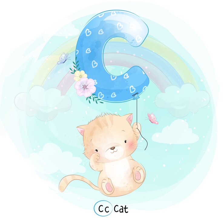 Cute Cat flying with alphabet-C balloon