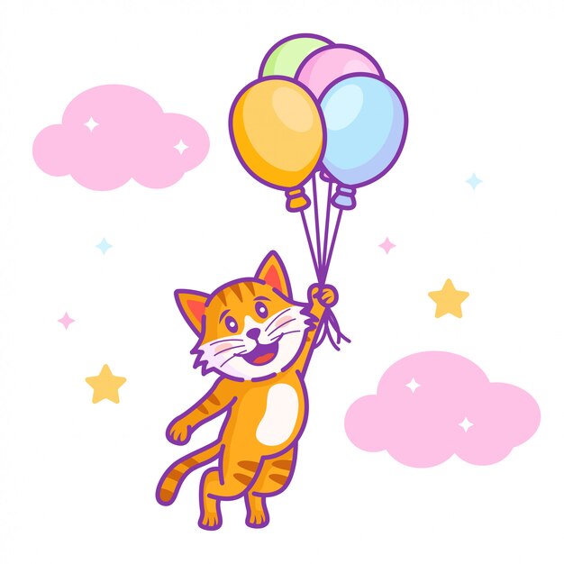 風船で飛んでいるかわいい猫