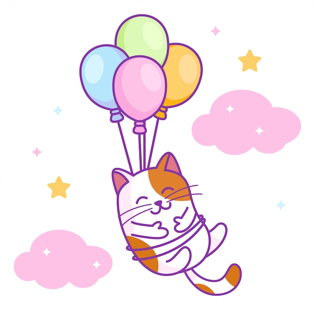 Vettore gatto carino volare con palloncini