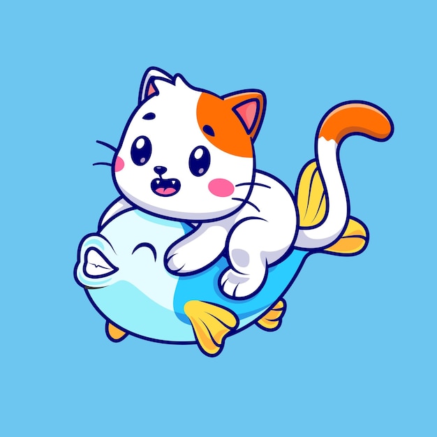 물고기 만화 벡터 아이콘 일러스트와 함께 비행 하는 귀여운 고양이. 동물의 자연 아이콘 개념 절연 플랫