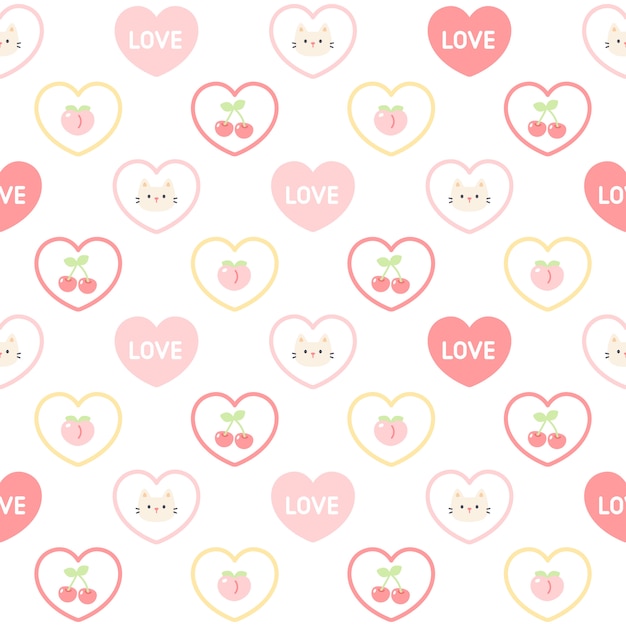 Vector cute cat and fruit love heart seamless   pattern