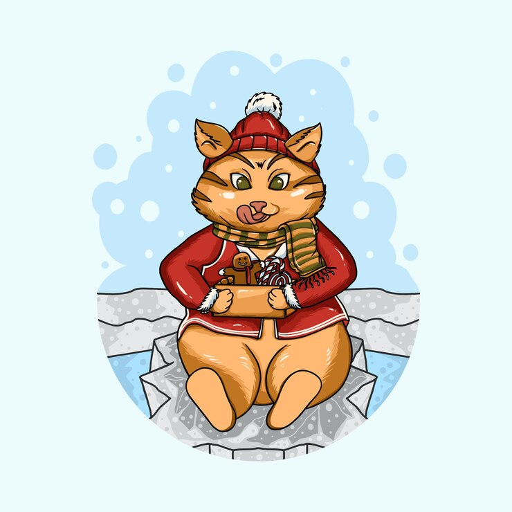 Vector cute cat gets a gift at christmas