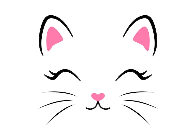 Vector cute cat girl face with eyelashes head cartoon style vector illustration isolated