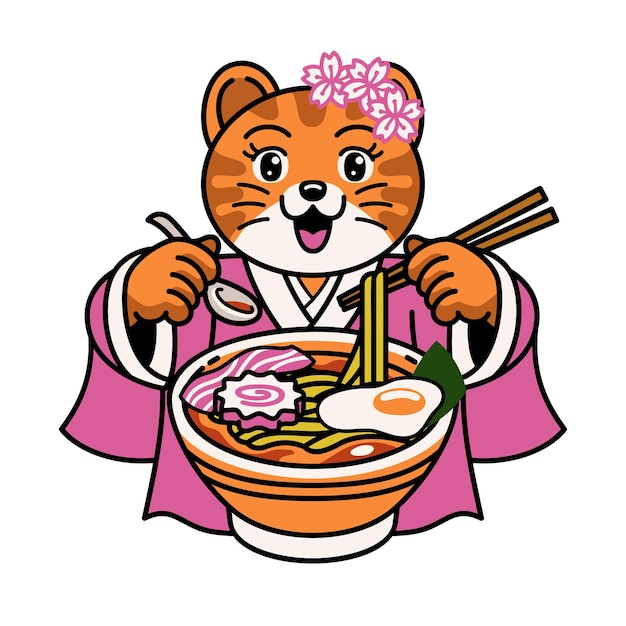 Cute cat girl in abito giapponese che mangia ramen noodle