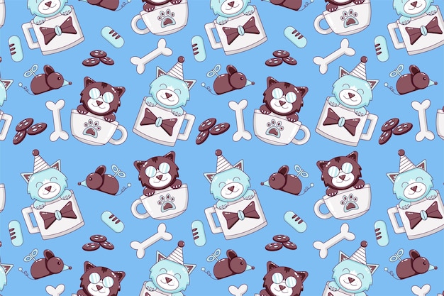 Cute cat in a glass. Bones, fish, cake, sausage, toy mouse and bell icon pattern
