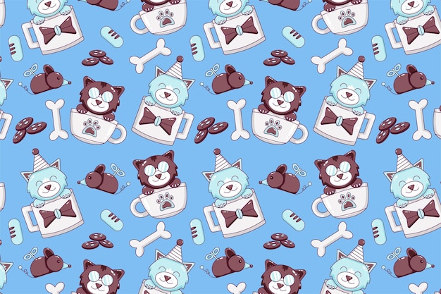 Cute cat in a glass. bones, fish, cake, sausage, toy mouse and bell icon pattern