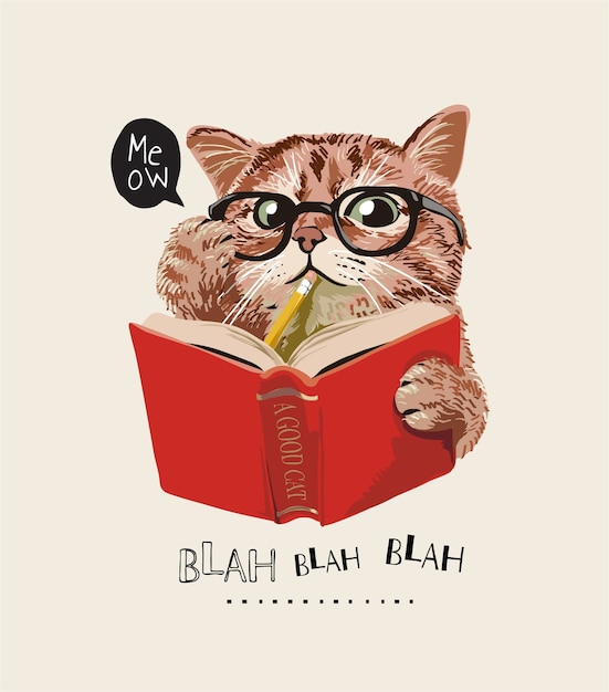 Simpatico gatto con gli occhiali leggendo un libro illustrazione