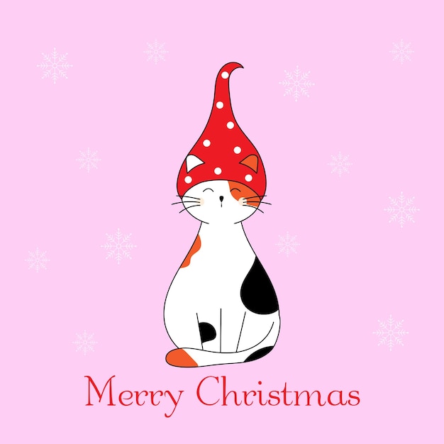 Cute cat in a gnome hat Doodle style illustration Christmas greeting card Merry Christmas Vector illustration