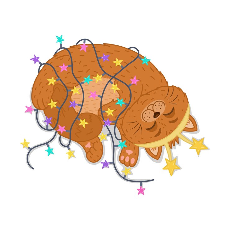 Vector a cute cat got tangled in a garland of lights a template for the design of a christmas carda flat