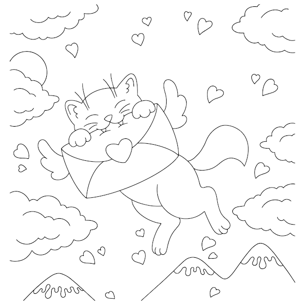 Cute cat grabbed a love letter. Coloring book page for kids. Valentine's Day.