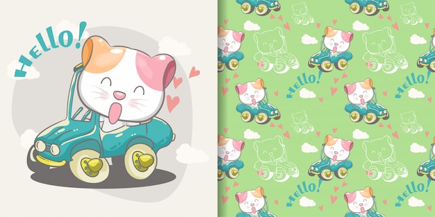 Cute cat on a green car seamless pattern and illustration card