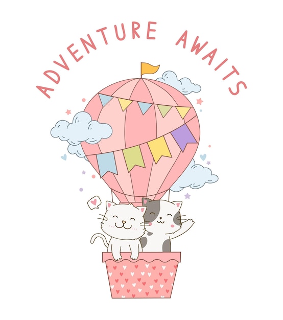 熱気球で飛んでいるかわいい猫グループ落書き描画漫画イラスト