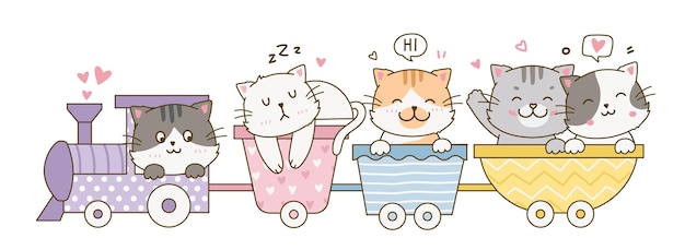 Cute cat group on train doodle drawing cartoon illustration pastel color vol2