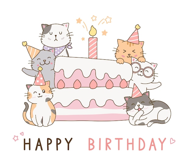 Cute cat group with sweet pink birthday cake doodle drawing cartoon illustration poster print cover