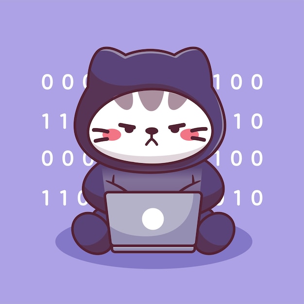 Vettore cute cat hacker che opera il logo della tecnologia della mascotte del portatile