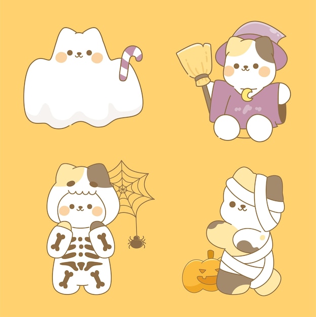 Cute cat halloween character set collection