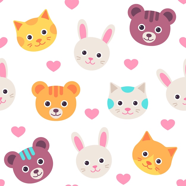 Cute cat, hare and bear faces seamless pattern