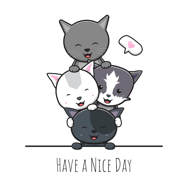 Vector cute cat have a nice day greeting cartoon doodle card icon illustration
