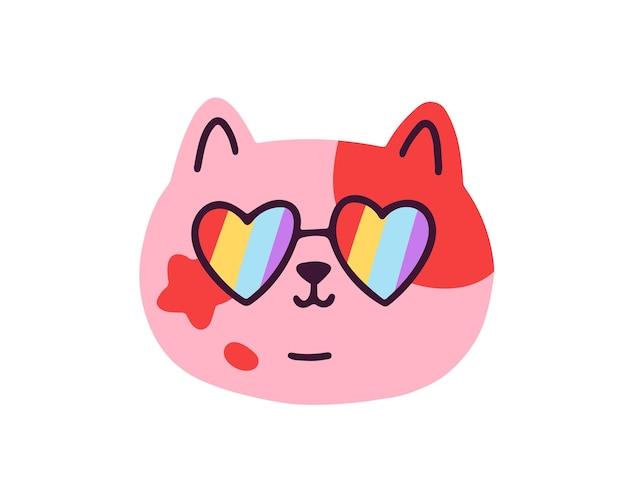 Carino avatar a testa di gatto con occhiali da sole lgbt arcobaleno divertente gattino con occhiali lgbtq a forma di cuore ritratto del viso divertente adorabile mese di orgoglio felino illustrazione vettoriale piatta isolata su sfondo bianco