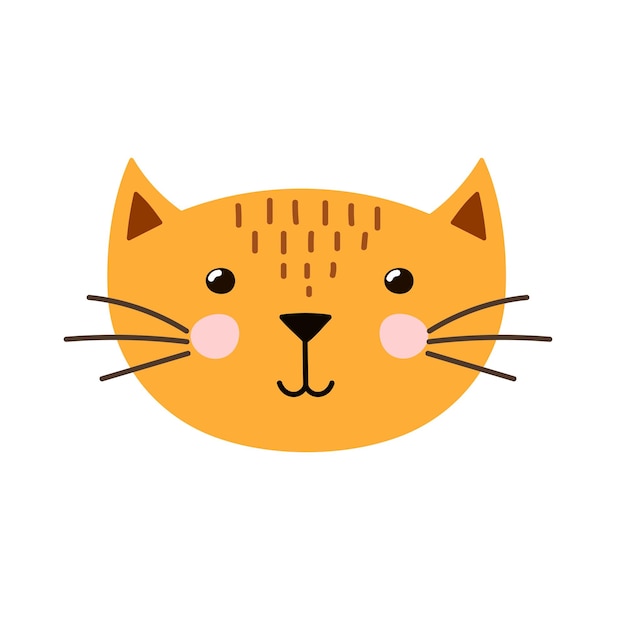 Cute cat head in cartoon style. Kitten face for baby and kids design. Funny smiling feline animal