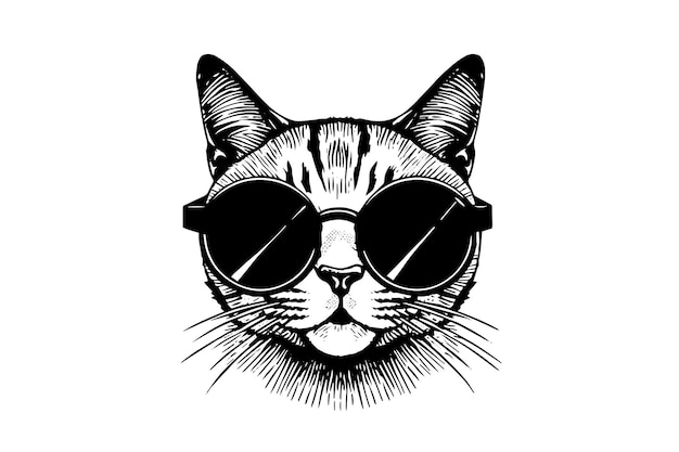 Симпатичная голова кошки в солнцезащитных очках, нарисованная вручную чернилами, гравировка в винтажном стиле. Векторная иллюстрация