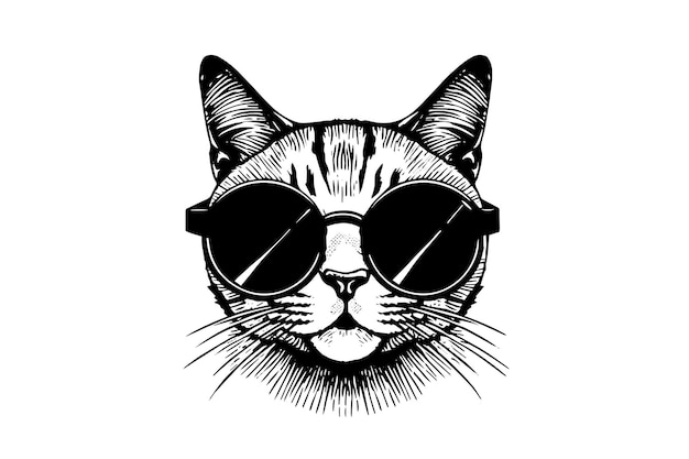 Cute cat head in sunglasses hand drawn ink sketch engraving vintage styleVector illustration