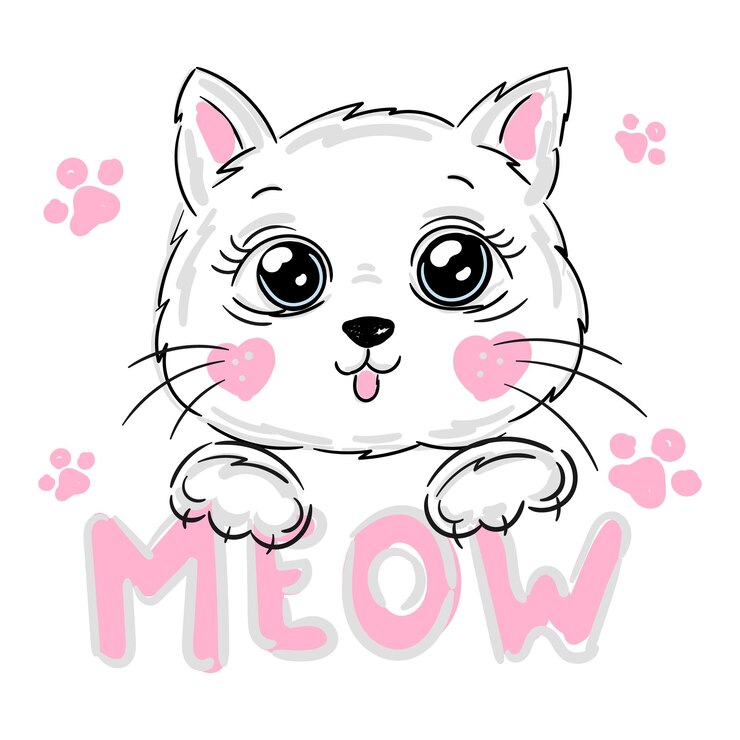 Vector ニャー甘い白い子猫ピンクの足をレタリングとかわいい猫の頭
