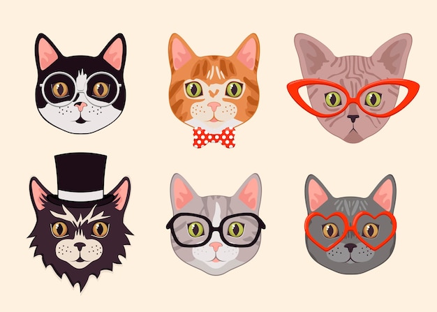 Cute cat heads with glasses and hats cartoon illustration set. stylish animal faces or muzzles. hipster kittens wearing modern or trendy accessories. pet, fashion concept