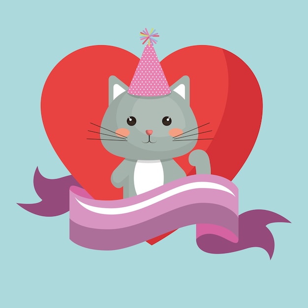 Cute cat and heart sweet kawaii character birthday card