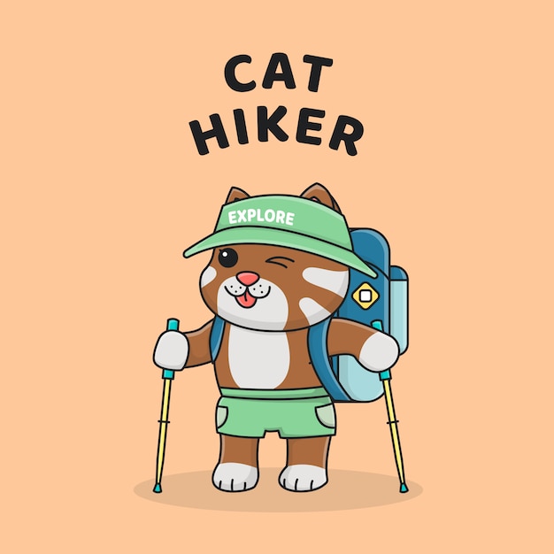 Vector cute cat hiking with hat and trekking pole