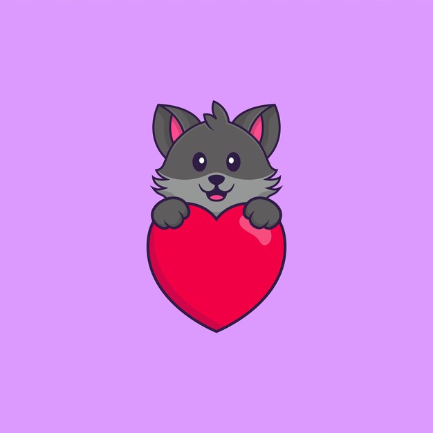 Vettore simpatico gatto che tiene un grande cuore rosso. concetto animale del fumetto isolato.