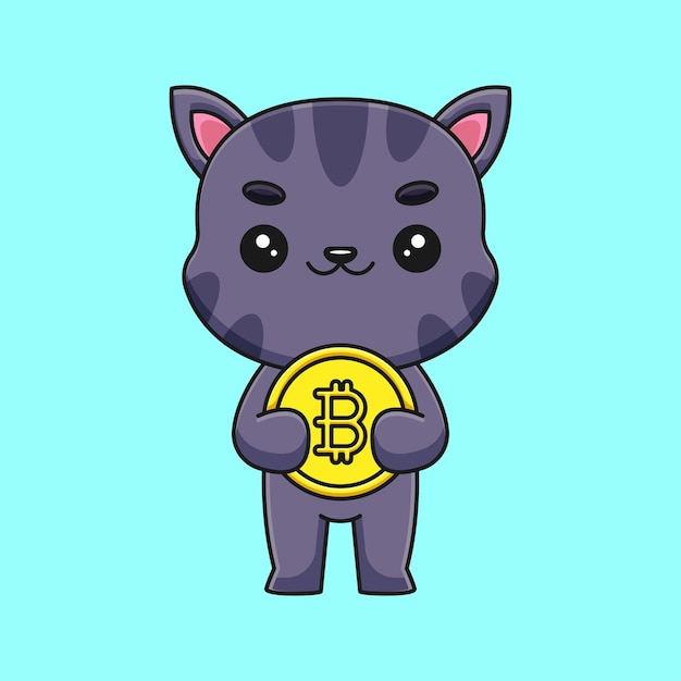 Bitcoin 만화 마스코트 낙서 예술 손으로 그린 개요 개념 벡터 kawaii 아이콘 그림을 들고 귀여운 고양이
