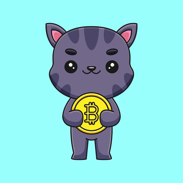 벡터 bitcoin 만화 마스코트 낙서 예술 손으로 그린 개요 개념 벡터 kawaii 아이콘 그림을 들고 귀여운 고양이