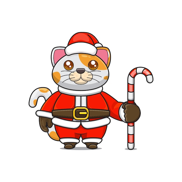 クリスマスの衣装でキャンディケイン漫画動物を保持しているかわいい猫