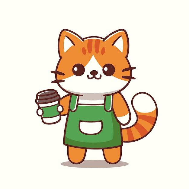 コーヒーカップを握っている可愛い猫コーヒーショップのマスコットロゴ