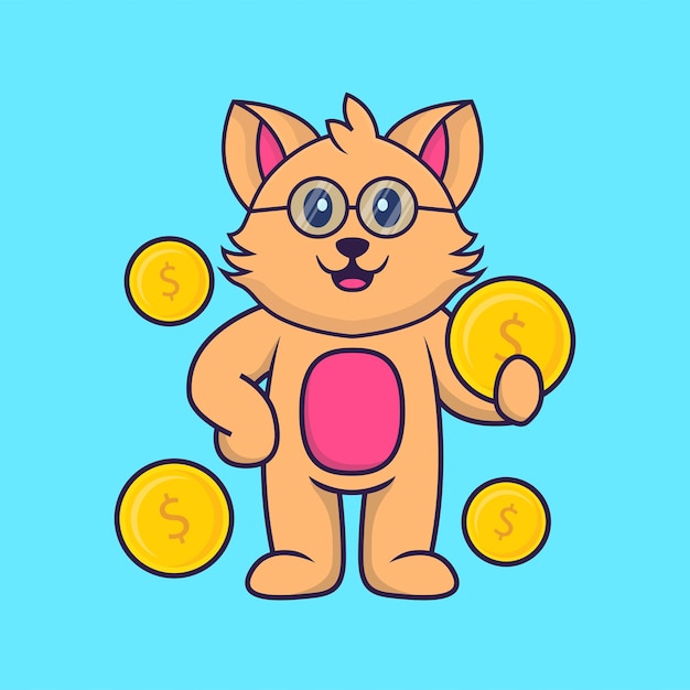 Cute cat holding coin. Animal cartoon concept isolated.